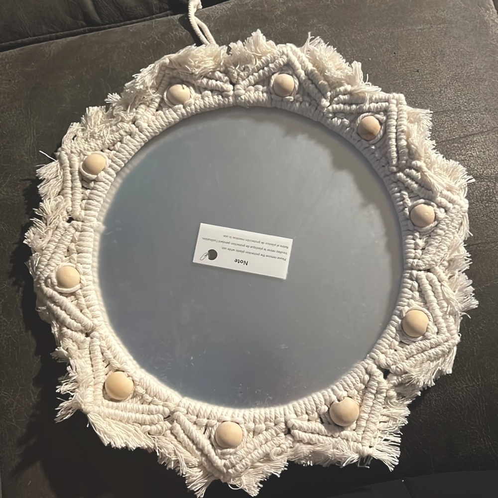New in package small boho boutique macrame round mirror with wooden beads